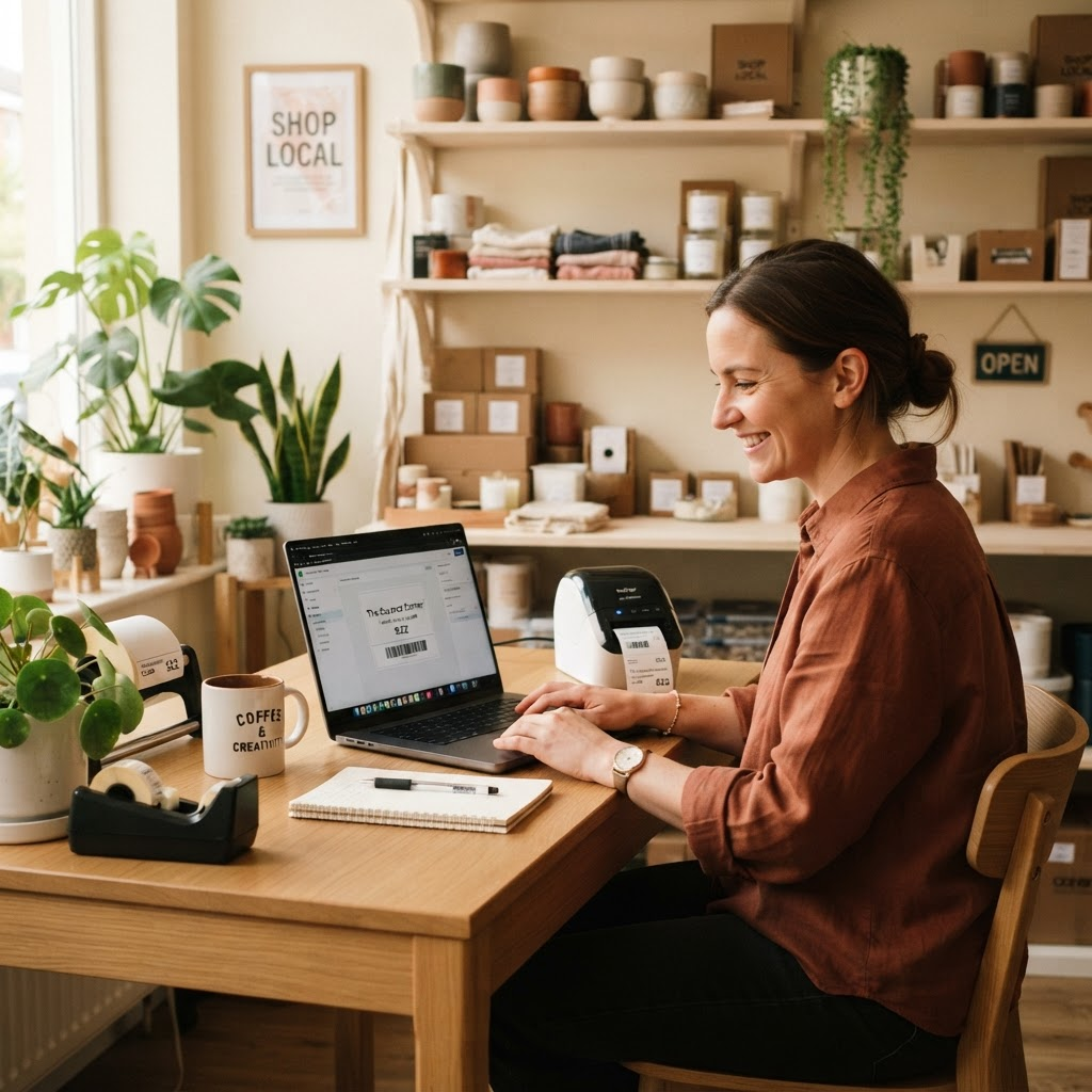 A shop owner designing and printing price labels at their desk