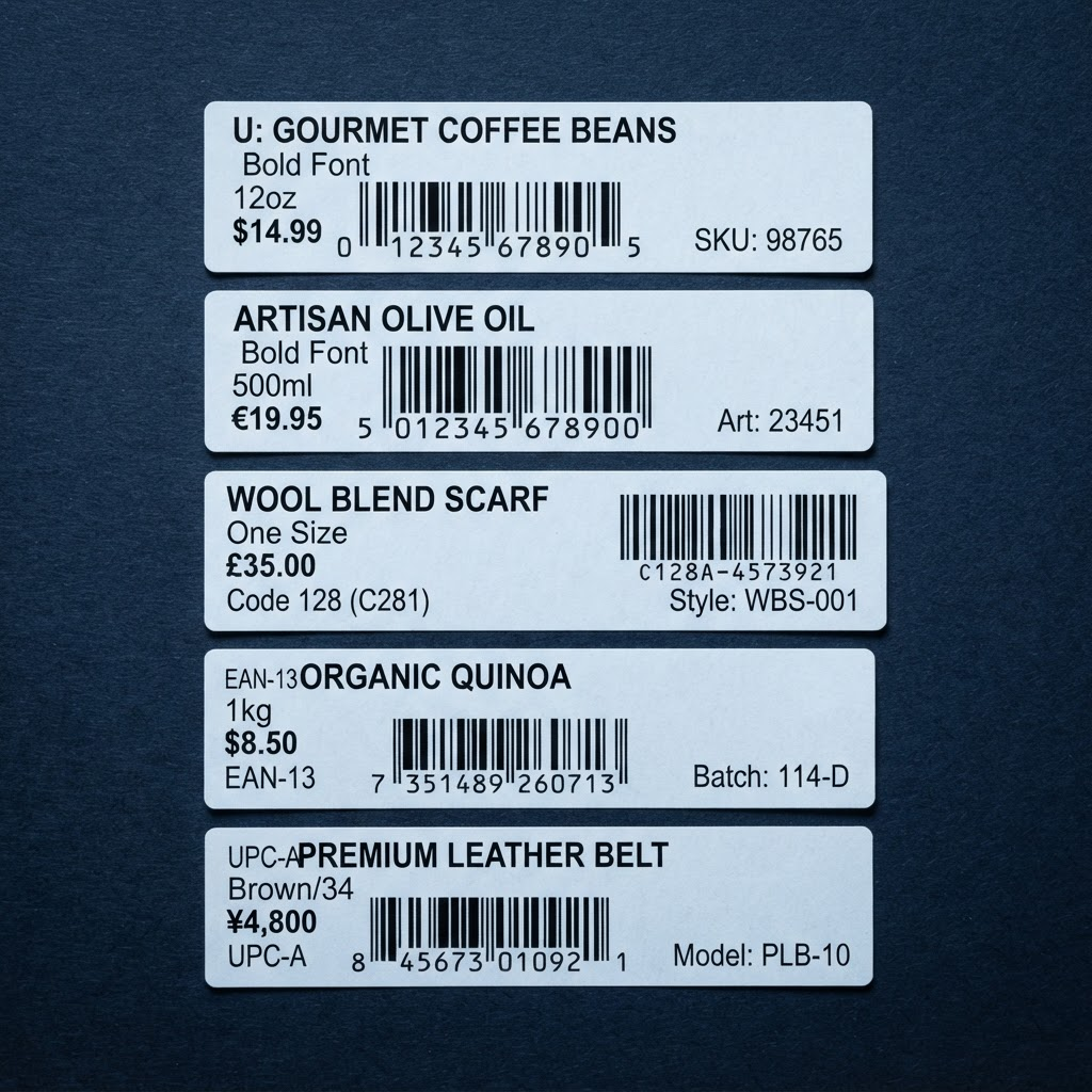 Printed labels showing EAN, UPC, and Code 128 barcodes